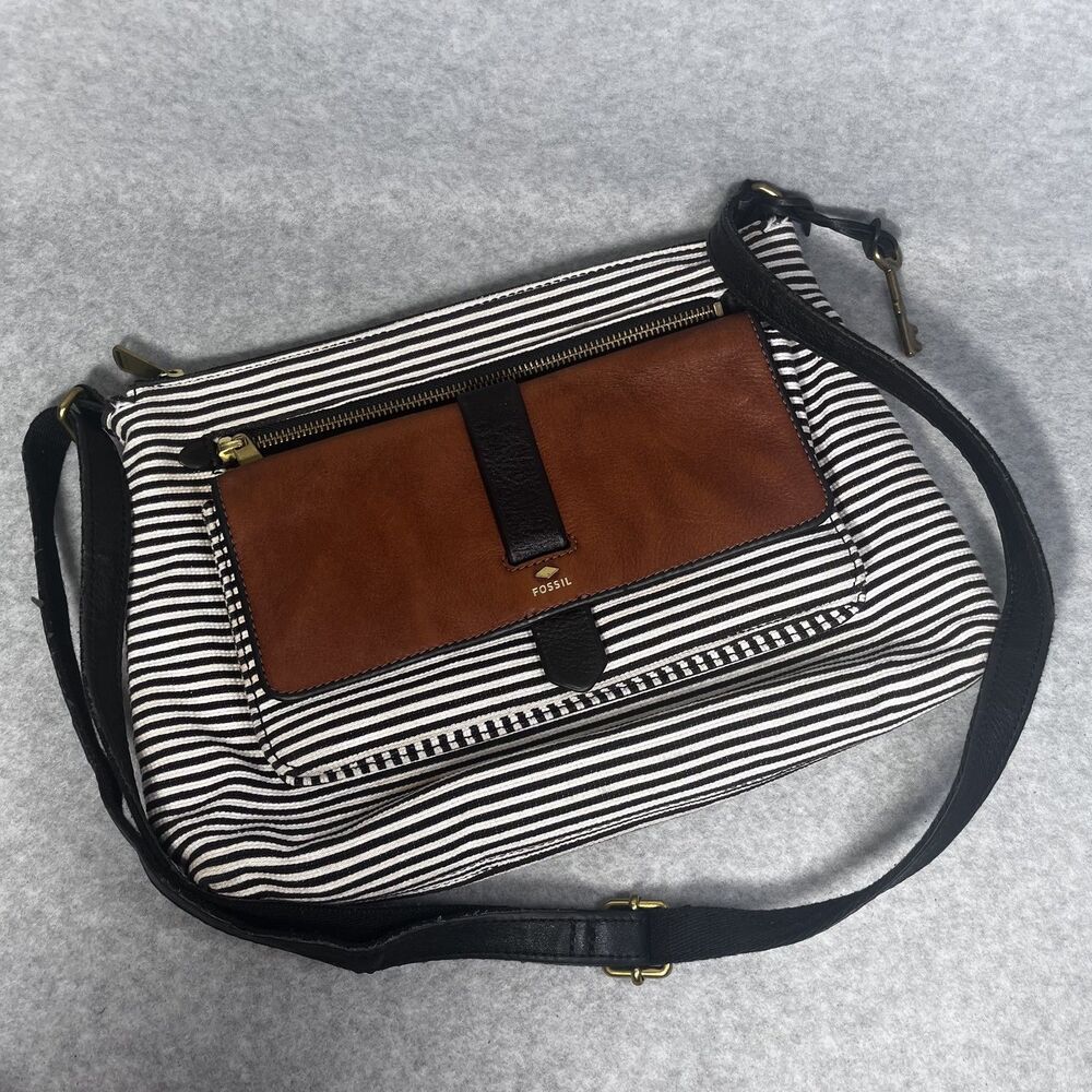 Fossil Crossbody Bag Womens Black White Stripe Canvas Brown Leather‎ Pocket Key
